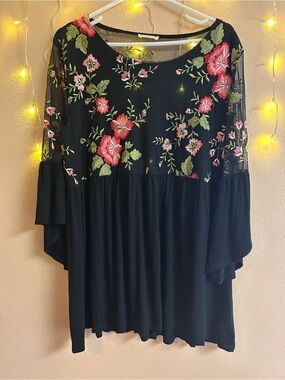 ODDY Black Floral Embroidered Sheer Tunic Blouse with Pink and Green Flowers
